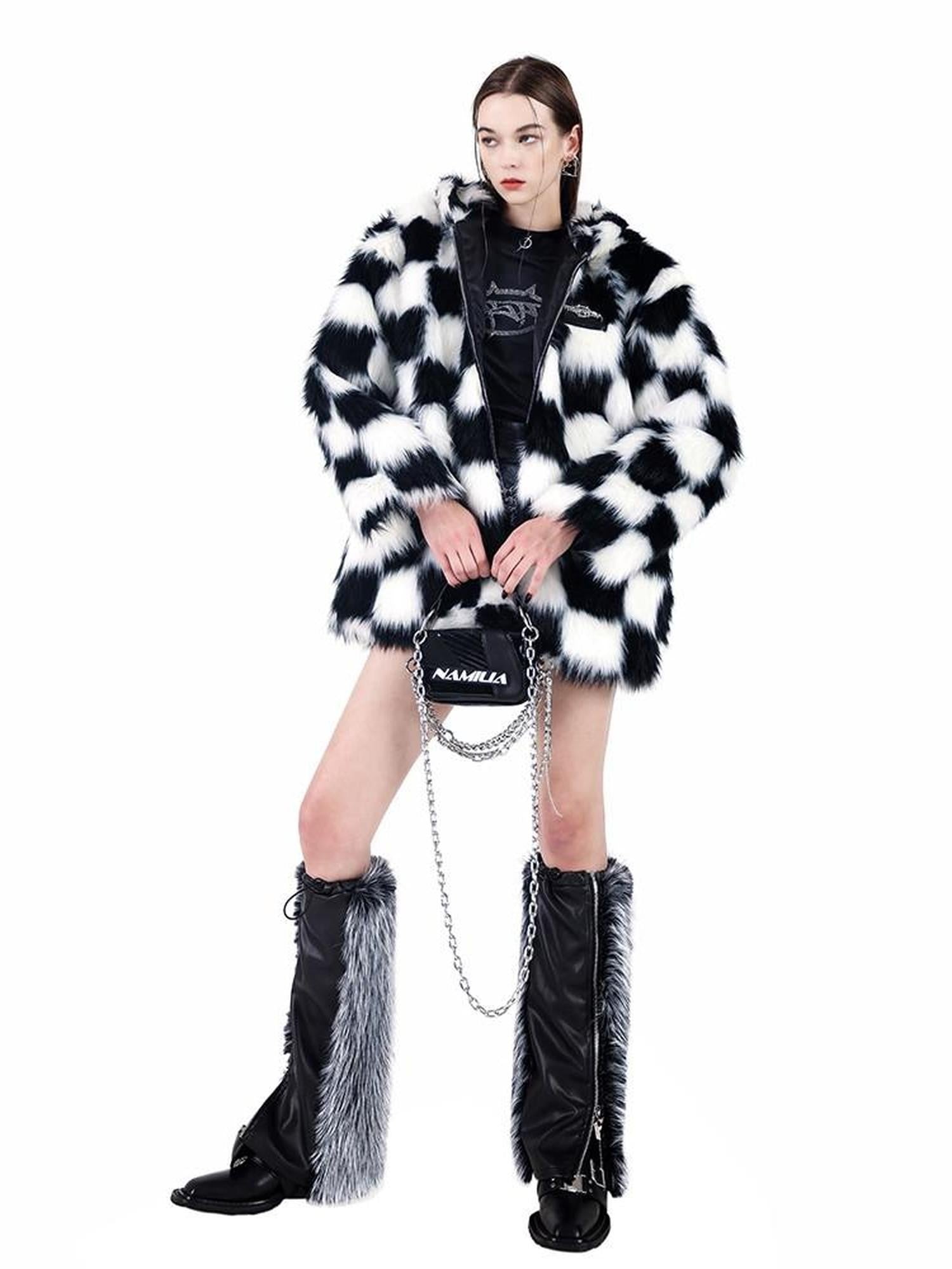 PINKSPINK Black White Checkerboard Faux Fur Hooded Oversized Women's Cotton Puffer Jackets