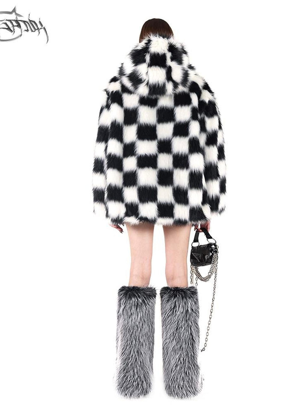 PINKSPINK Black White Checkerboard Faux Fur Hooded Oversized Women's Cotton Puffer Jackets