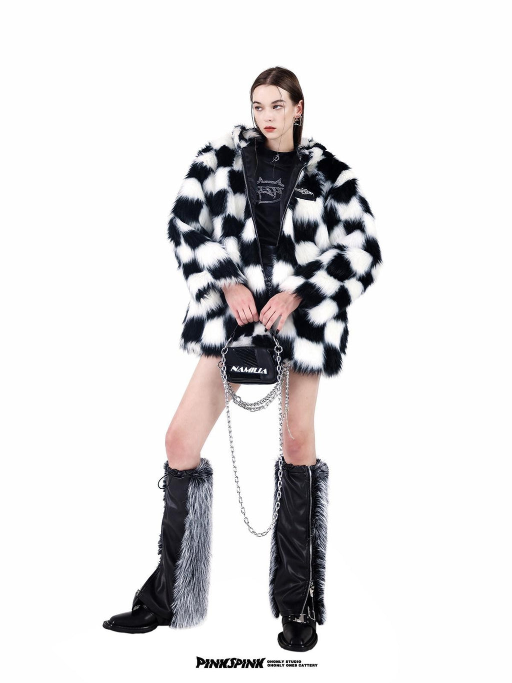 PINKSPINK Black White Checkerboard Faux Fur Hooded Oversized Women's Cotton Puffer Jackets