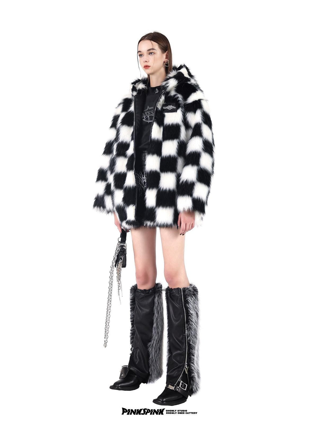 PINKSPINK Black White Checkerboard Faux Fur Hooded Oversized Women's Cotton Puffer Jackets