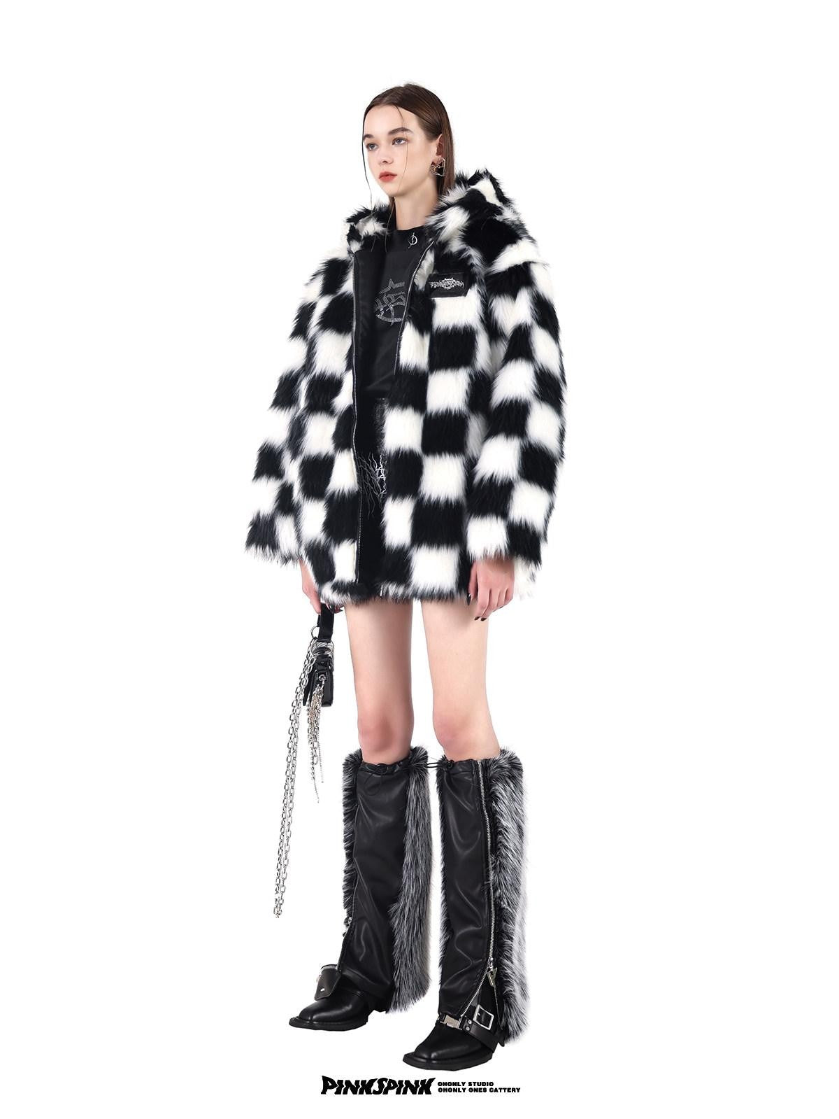 PINKSPINK Black White Checkerboard Faux Fur Hooded Oversized Women's Cotton Puffer Jackets
