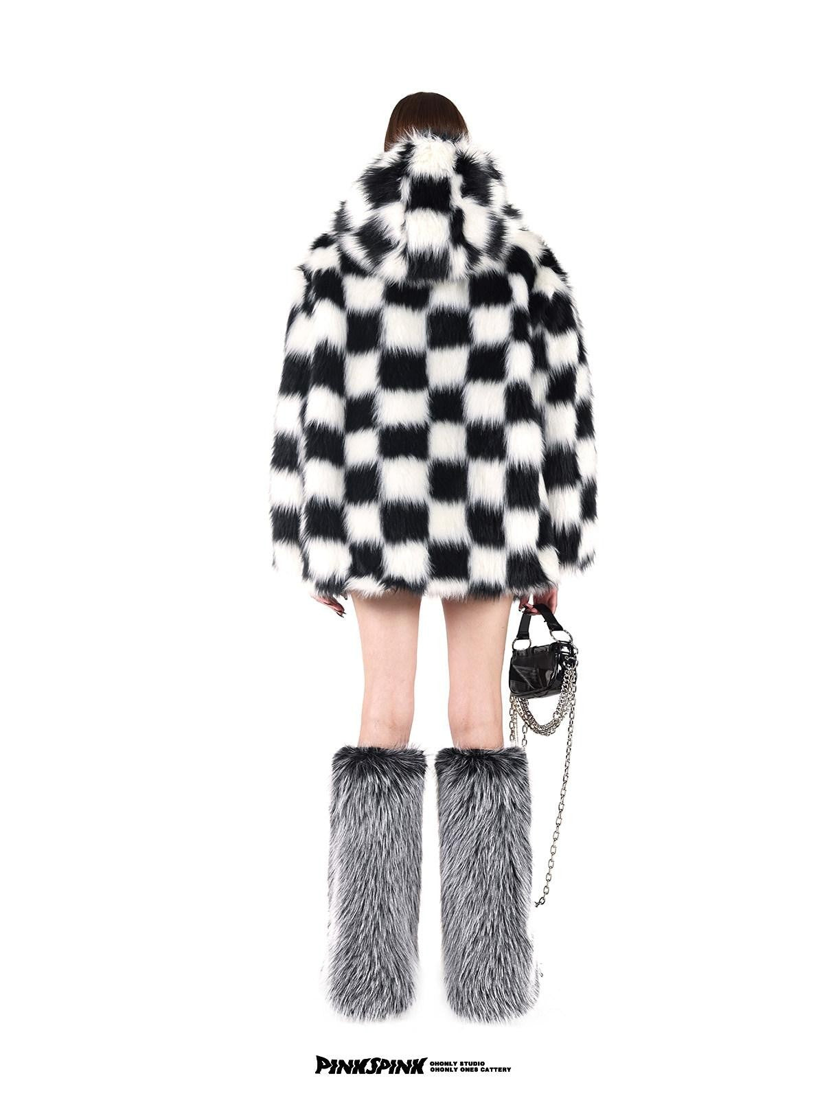 PINKSPINK Black White Checkerboard Faux Fur Hooded Oversized Women's Cotton Puffer Jackets