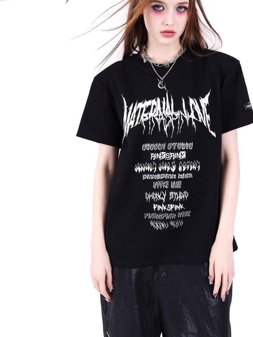 PINKSPINK Black White Logo Print Retro Shoulder Pad Loose Women's Short Sleeve T-shirts