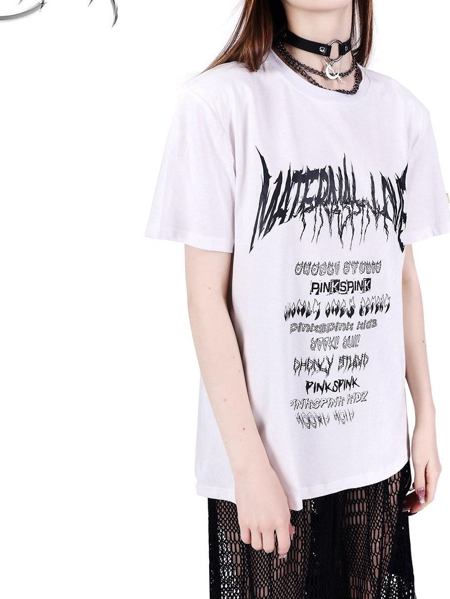 PINKSPINK Black White Logo Print Retro Shoulder Pad Loose Women's Short Sleeve T-shirts