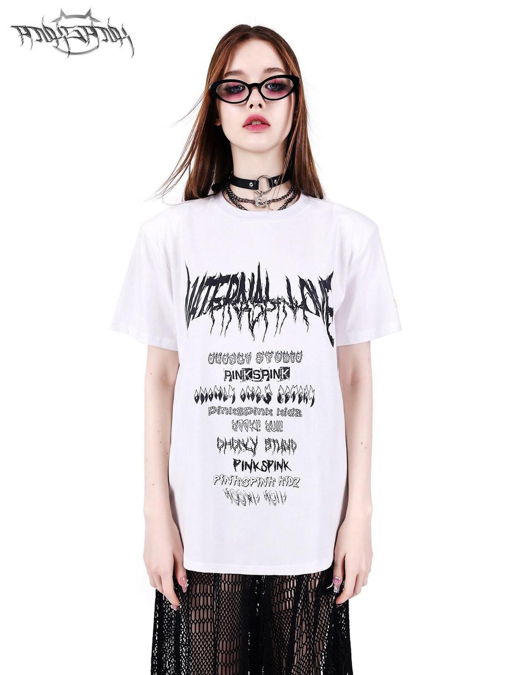 PINKSPINK Black White Logo Print Shoulder Pad Rock Retro Women's Short Sleeve T-shirts
