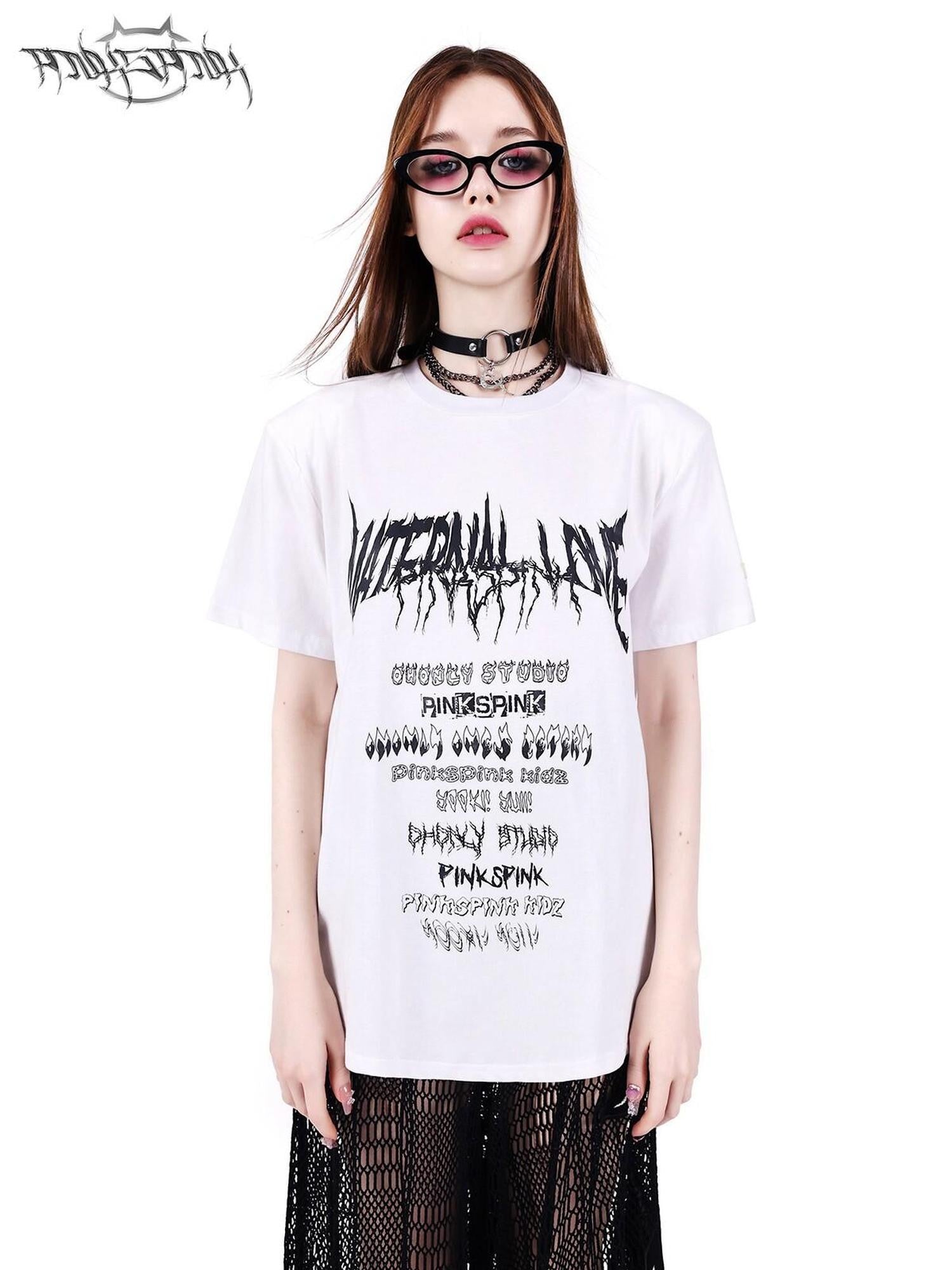 PINKSPINK Black White Logo Print Shoulder Pad Rock Retro Women's Short Sleeve T-shirts