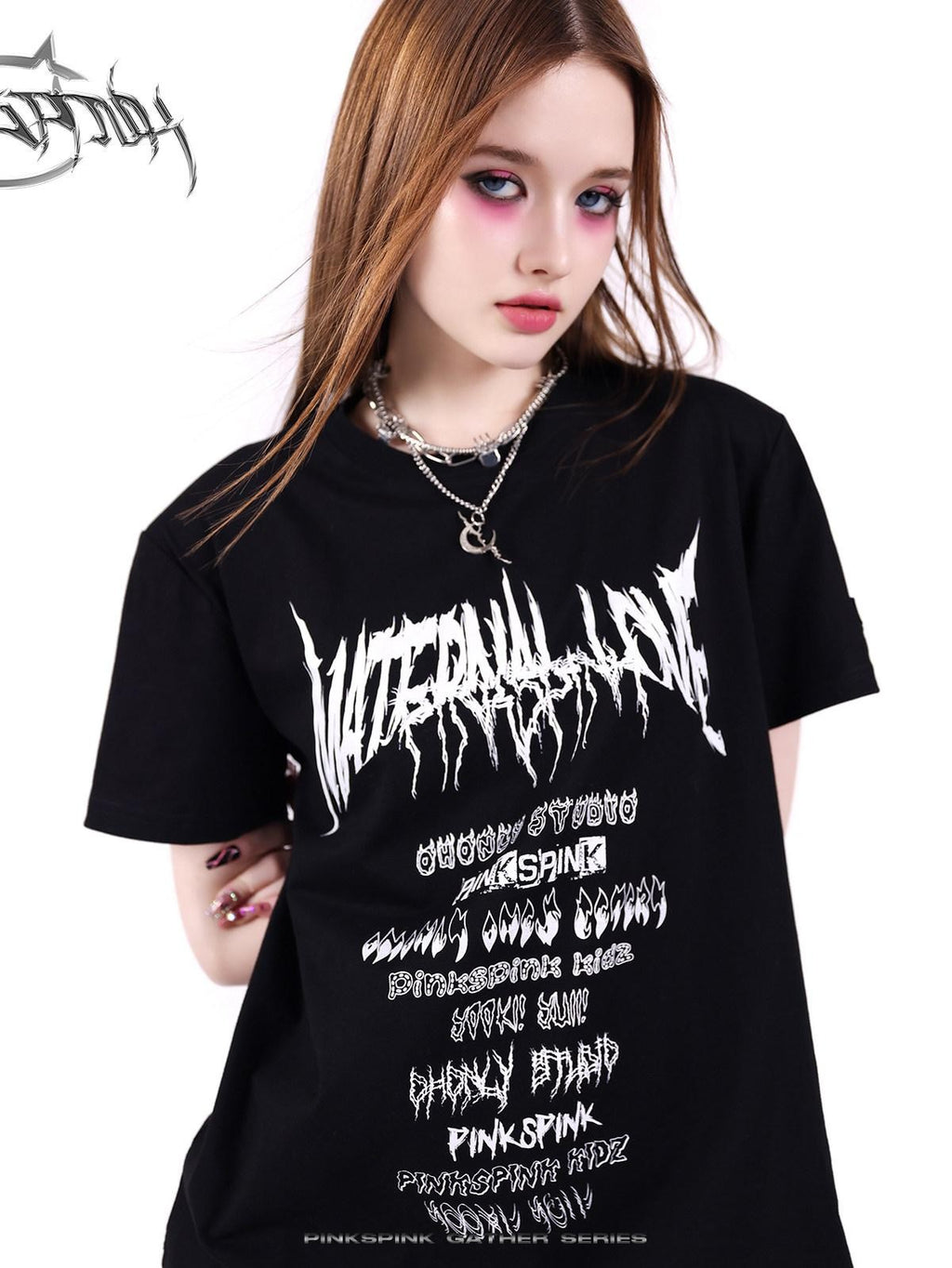 PINKSPINK Black White Logo Print Shoulder Pad Rock Retro Women's Short Sleeve T-shirts