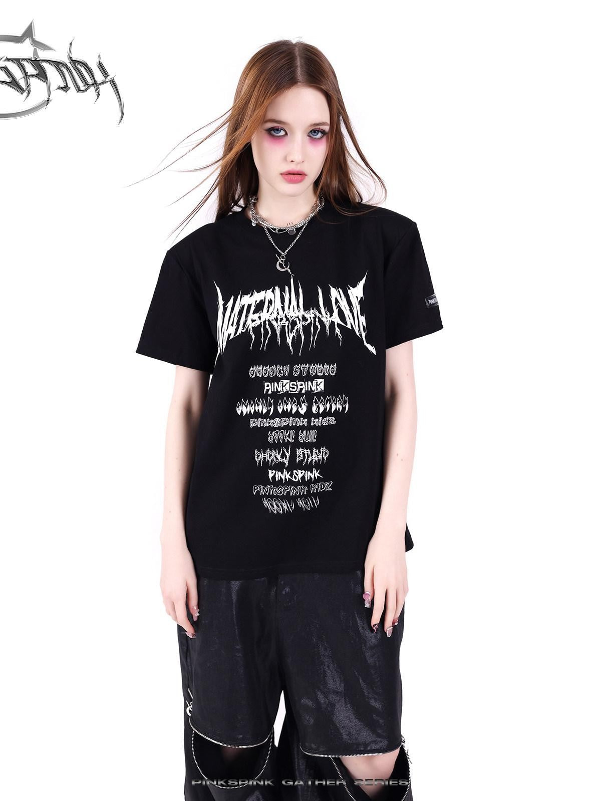 PINKSPINK Black White Logo Print Shoulder Pad Rock Retro Women's Short Sleeve T-shirts