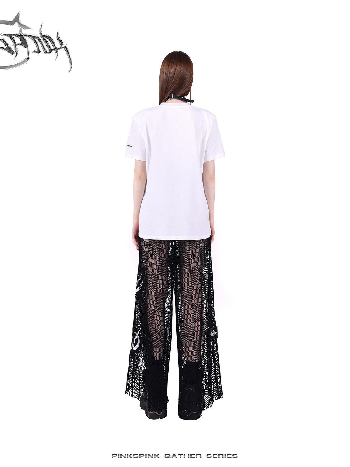 PINKSPINK Black White Logo Print Shoulder Pad Rock Retro Women's Short Sleeve T-shirts