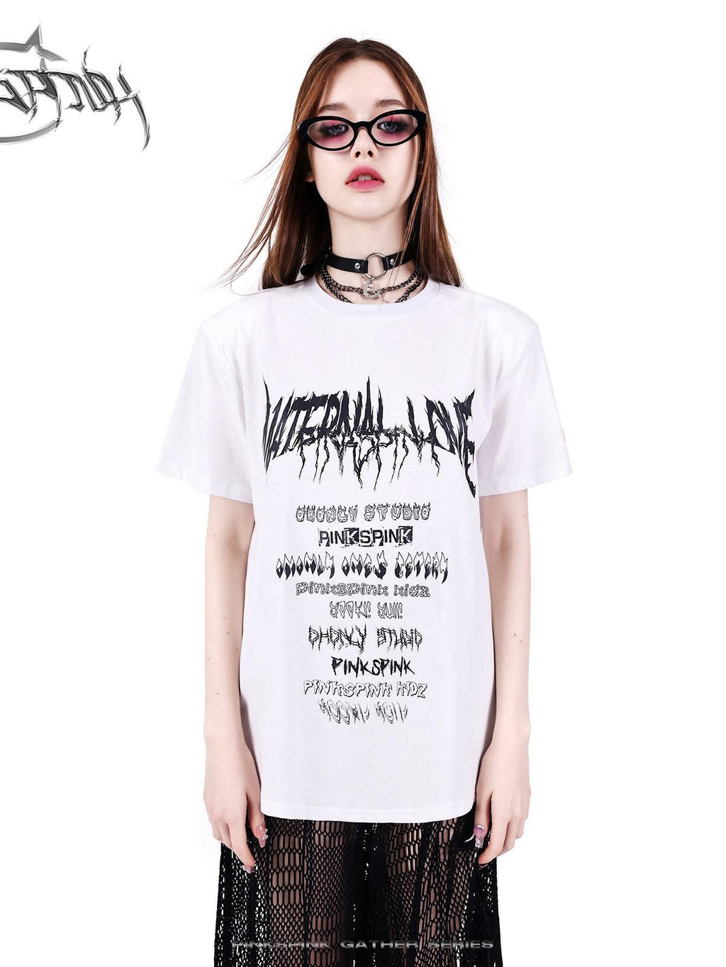 PINKSPINK Black White Logo Print Shoulder Pad Rock Retro Women's Short Sleeve T-shirts