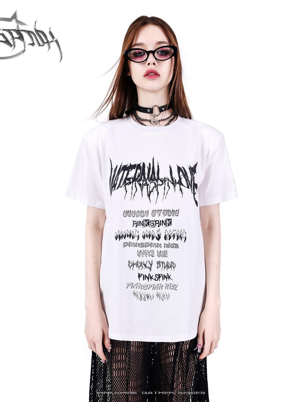 PINKSPINK Black White Logo Print Shoulder Pad Rock Retro Women's Short Sleeve T-shirts