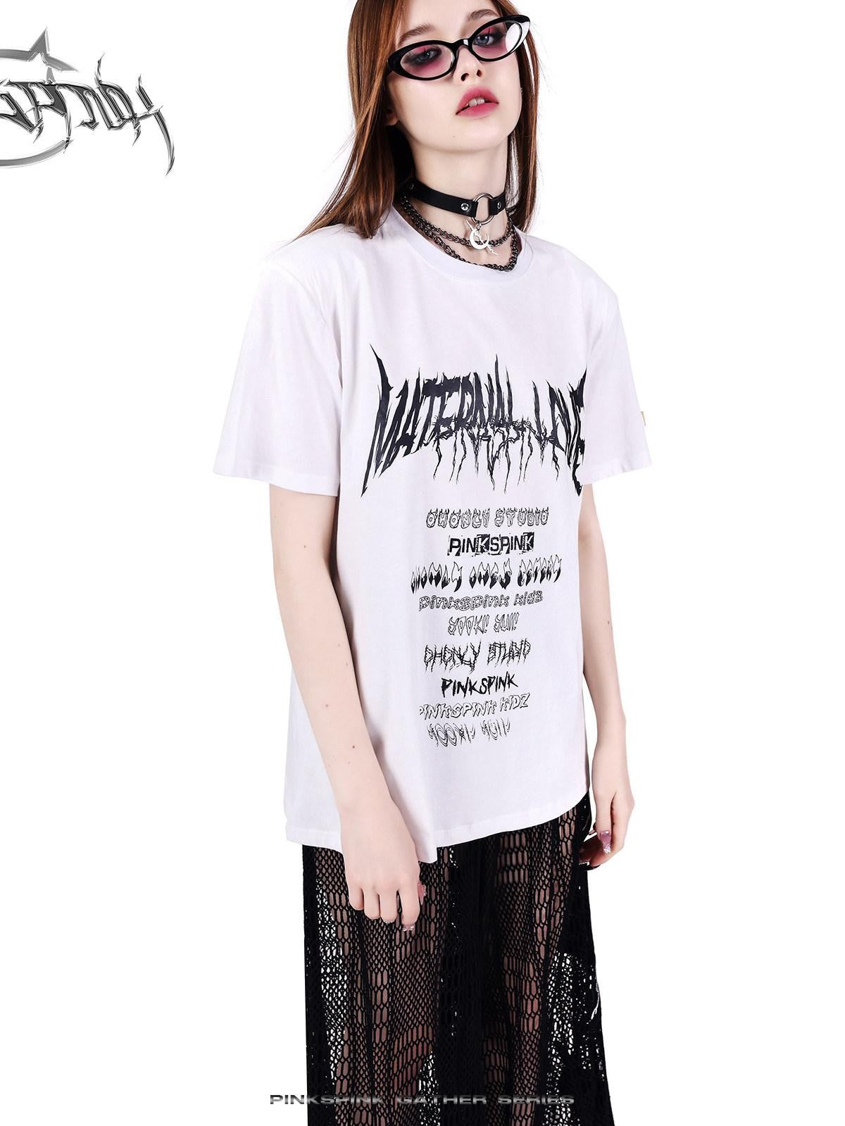 PINKSPINK Black White Logo Print Shoulder Pad Rock Retro Women's Short Sleeve T-shirts