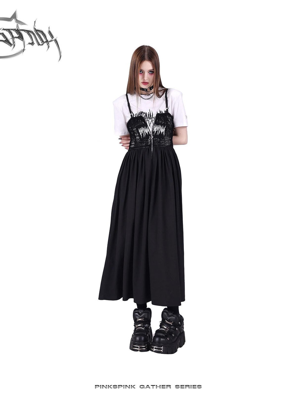 PINKSPINK Black White Logo Print Shoulder Pad Rock Retro Women's Short Sleeve T-shirts