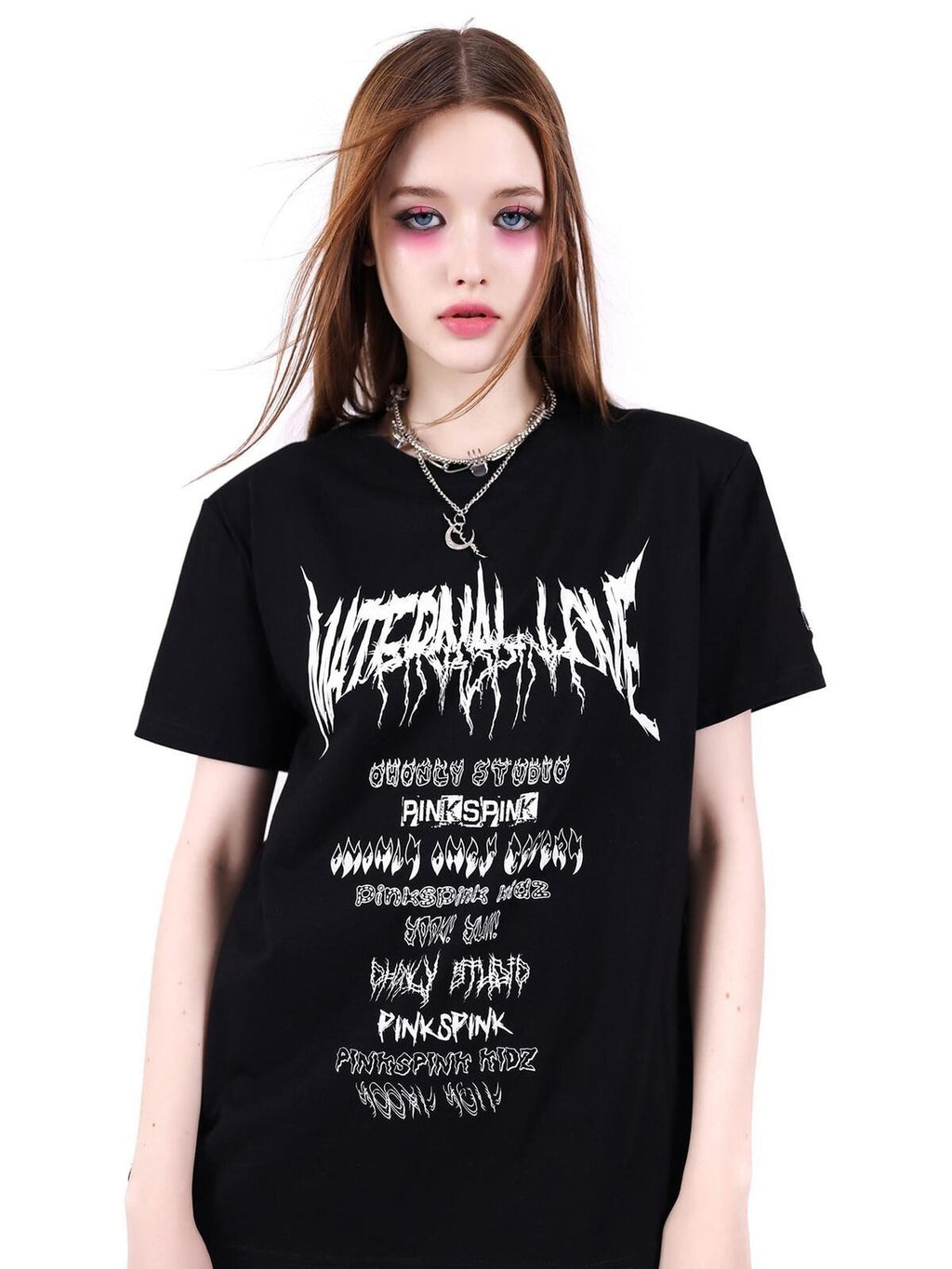 PINKSPINK Black White Logo Print Shoulder Pad Rock Retro Women's Short Sleeve T-shirts