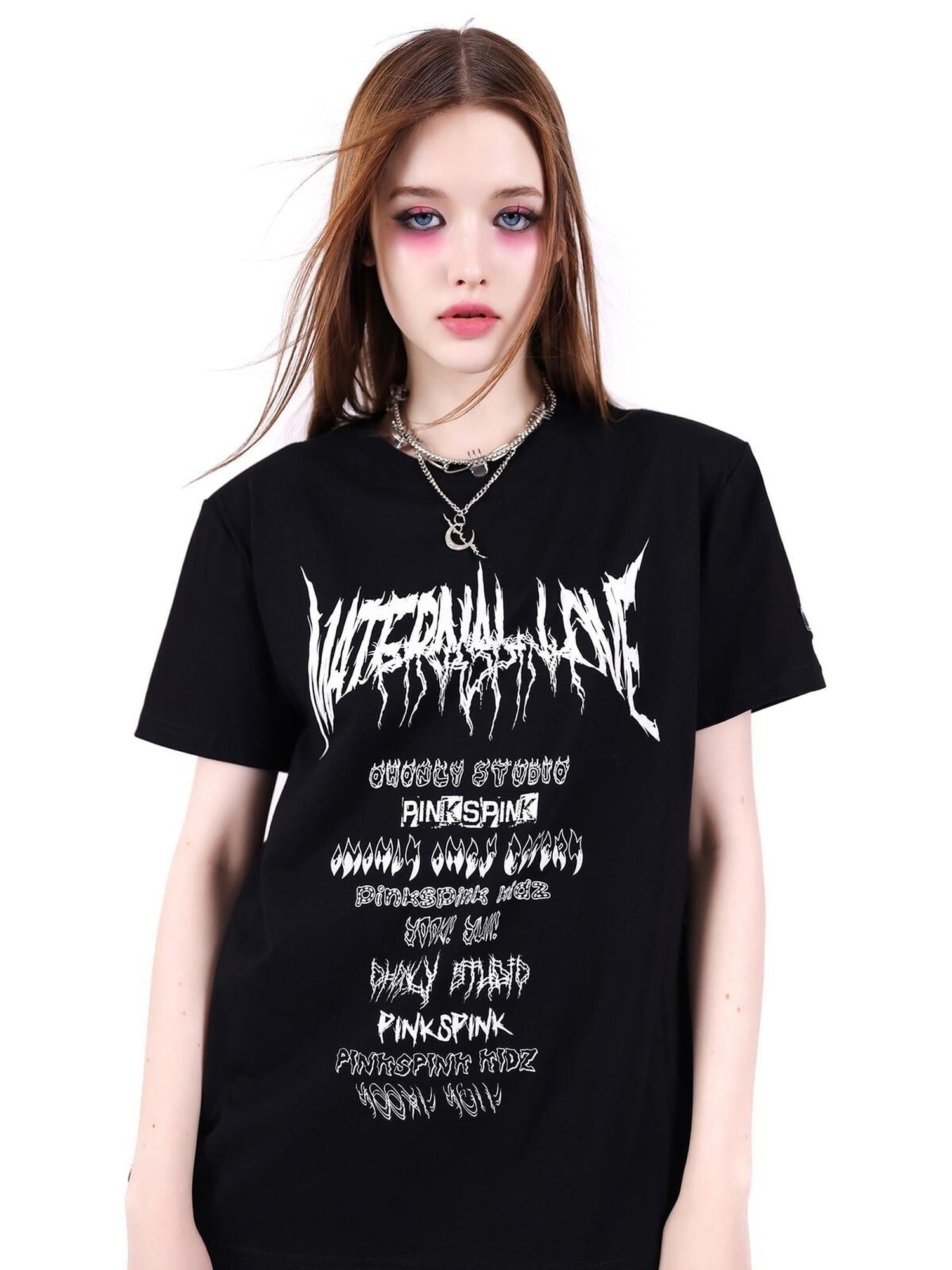 PINKSPINK Black White Logo Print Shoulder Pad Rock Retro Women's Short Sleeve T-shirts