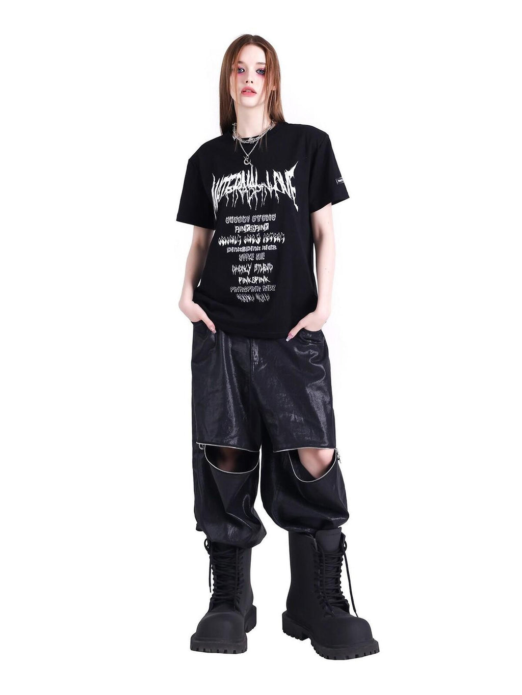 PINKSPINK Black White Logo Print Shoulder Pad Rock Retro Women's Short Sleeve T-shirts
