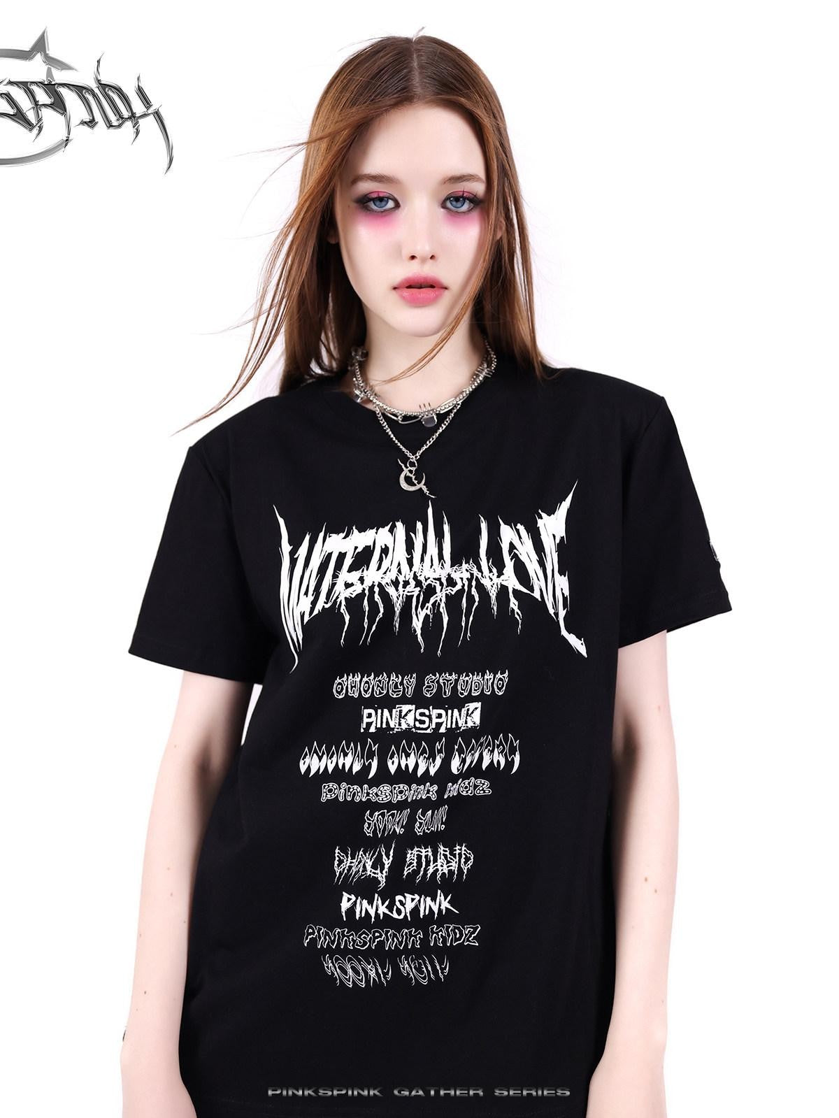 PINKSPINK Black White Logo Print Shoulder Pad Rock Retro Women's Short Sleeve T-shirts
