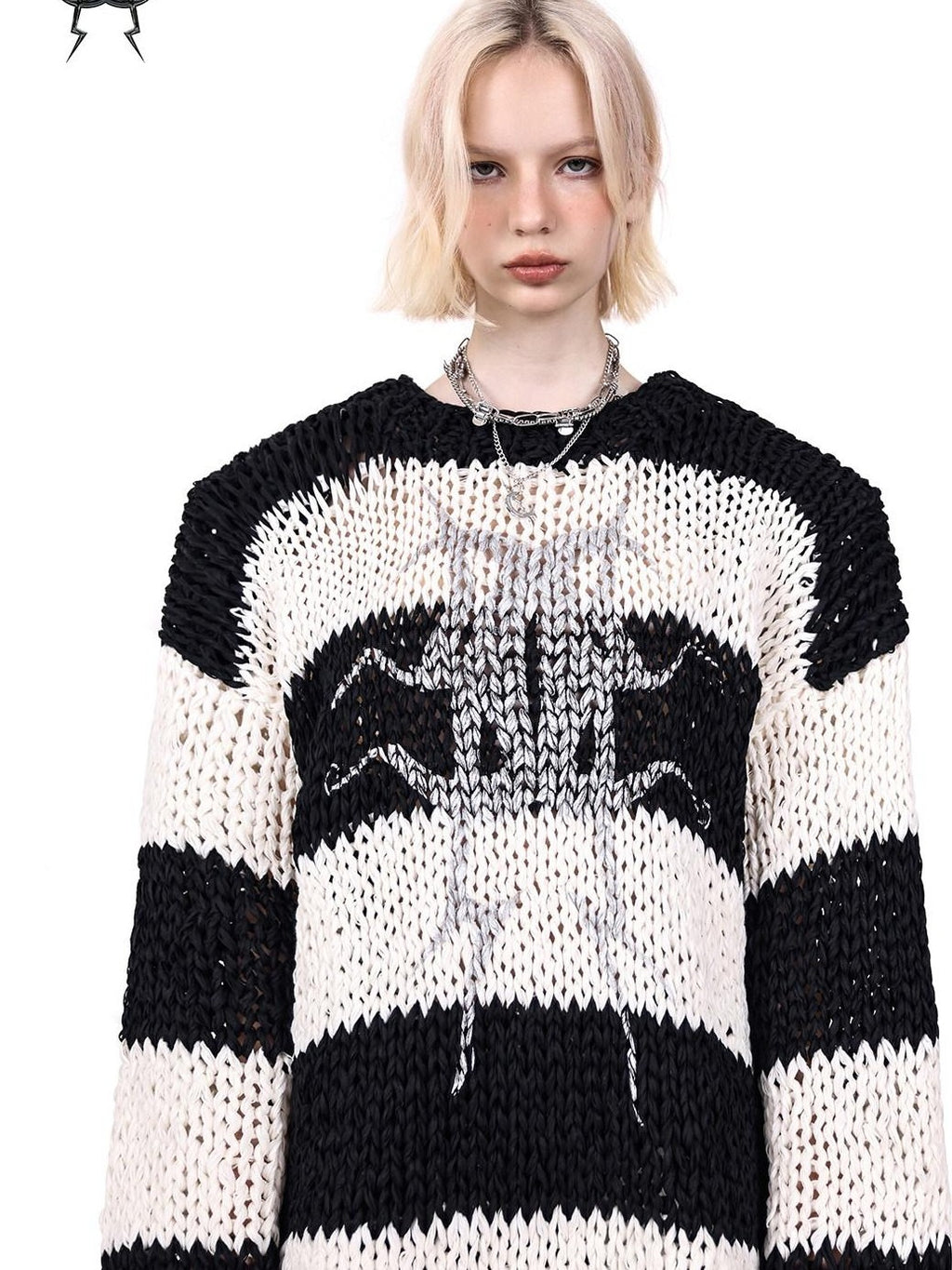 PINKSPINK Black White Striped Detachable Shoulder Pads Women's Acrylic Pullover Sweaters