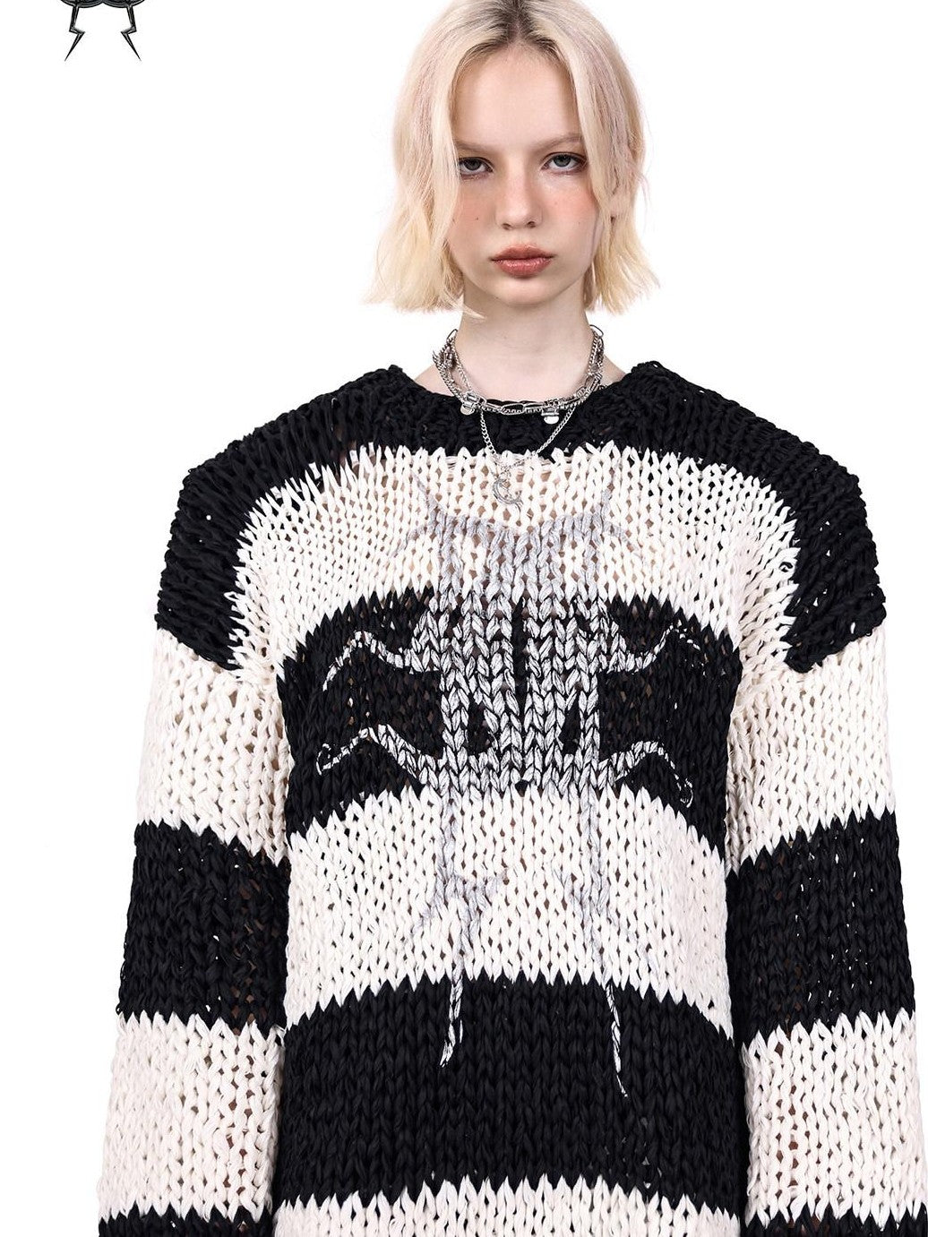 PINKSPINK Black White Striped Detachable Shoulder Pads Women's Acrylic Pullover Sweaters