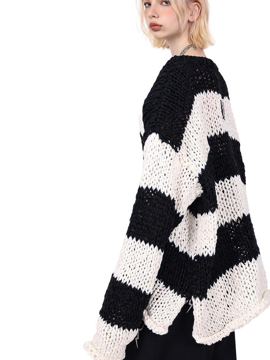 PINKSPINK Black White Striped Detachable Shoulder Pads Women's Acrylic Pullover Sweaters