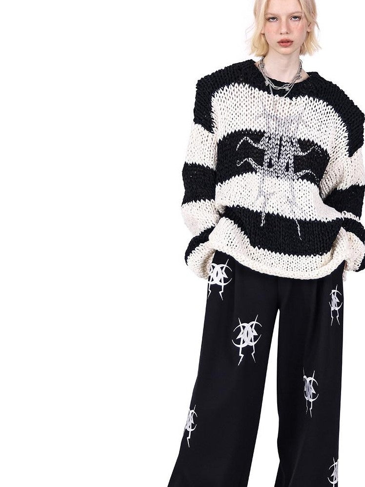 PINKSPINK Black White Striped Detachable Shoulder Pads Women's Acrylic Pullover Sweaters