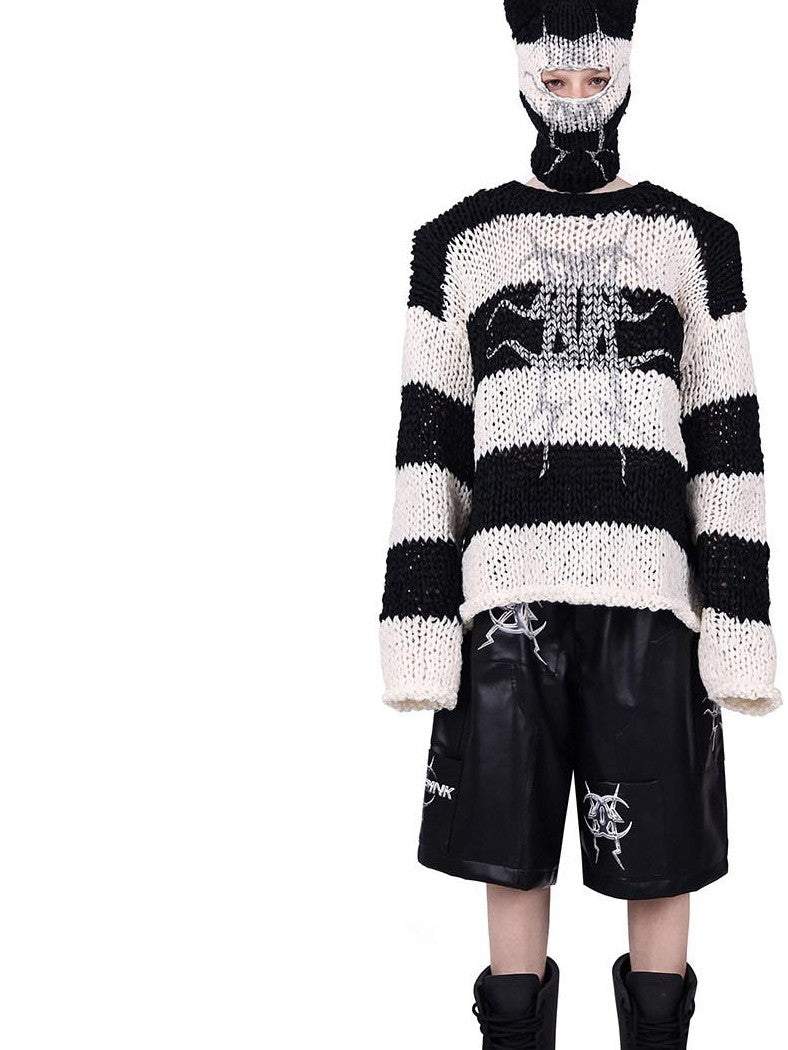 PINKSPINK Black White Striped Detachable Shoulder Pads Women's Acrylic Pullover Sweaters