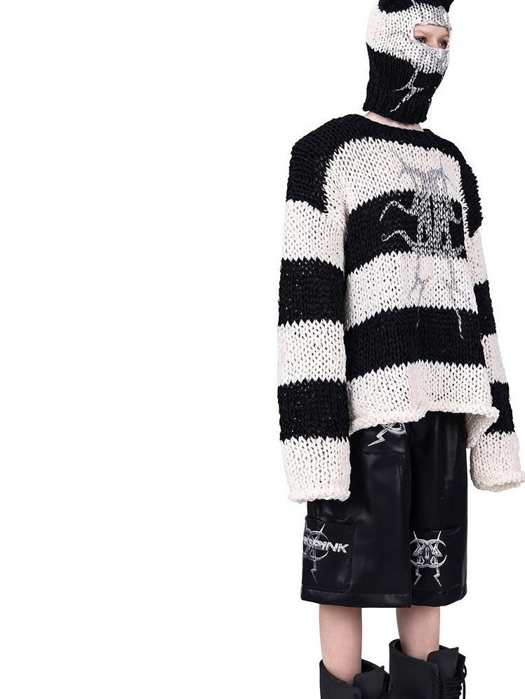 PINKSPINK Black White Striped Detachable Shoulder Pads Women's Acrylic Pullover Sweaters