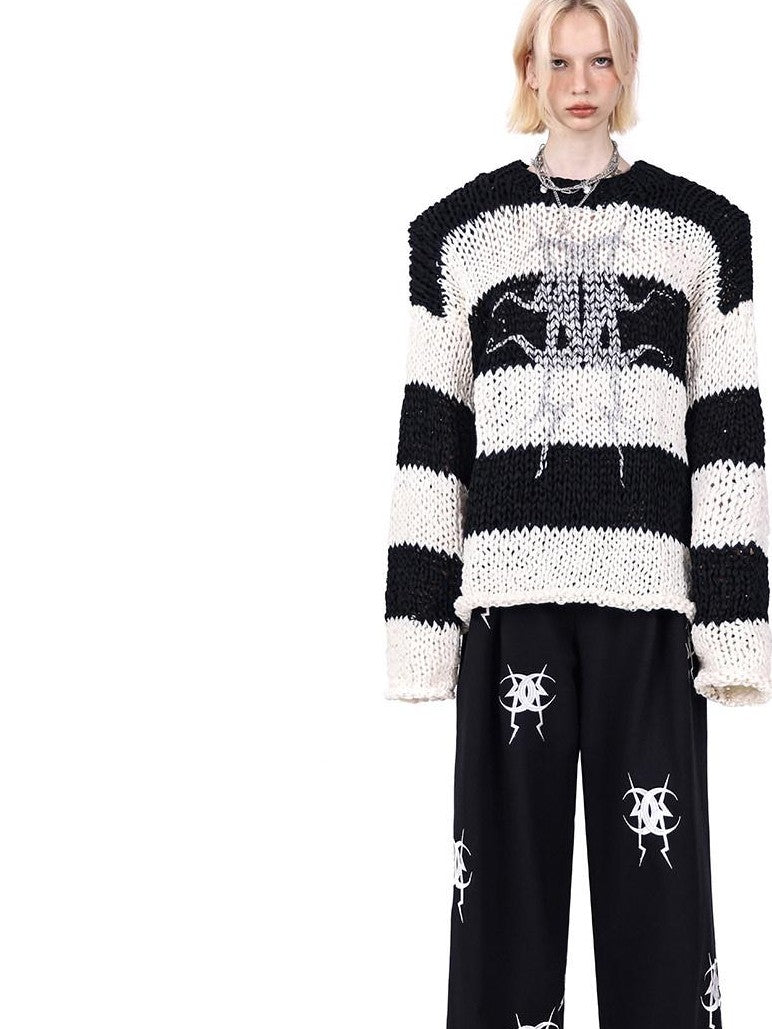 PINKSPINK Black White Striped Detachable Shoulder Pads Women's Acrylic Pullover Sweaters