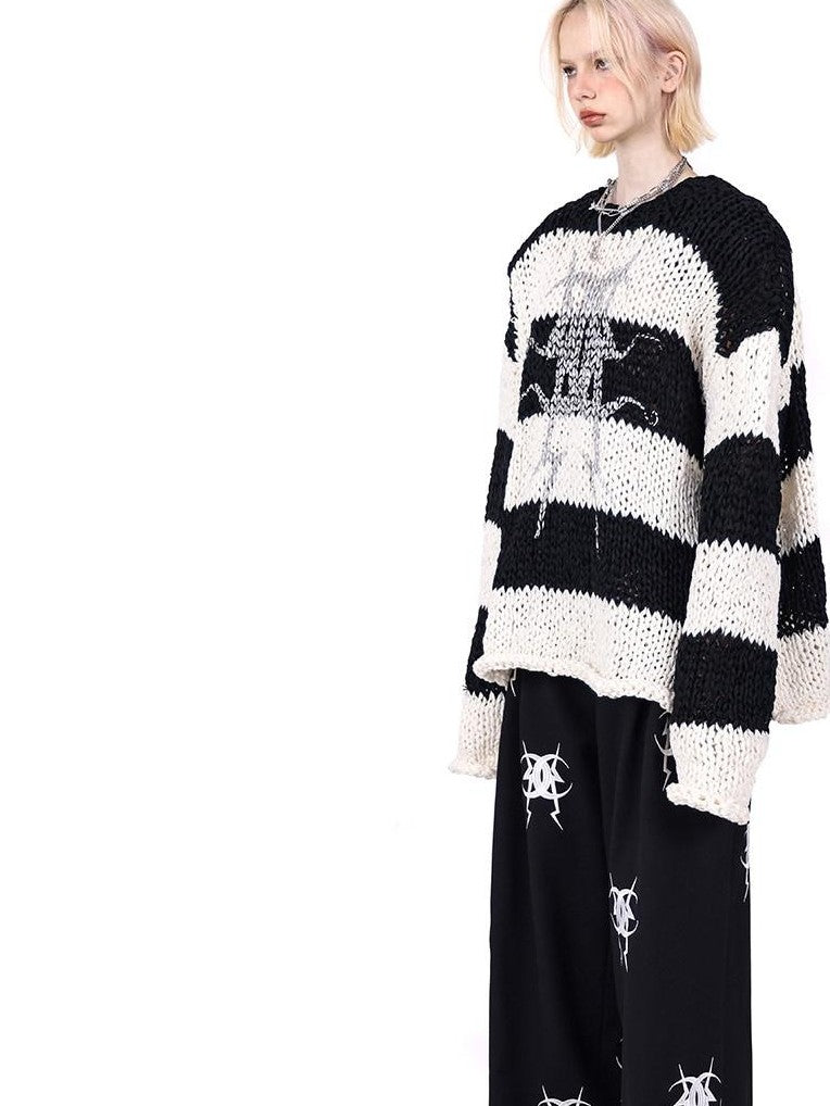 PINKSPINK Black White Striped Detachable Shoulder Pads Women's Acrylic Pullover Sweaters