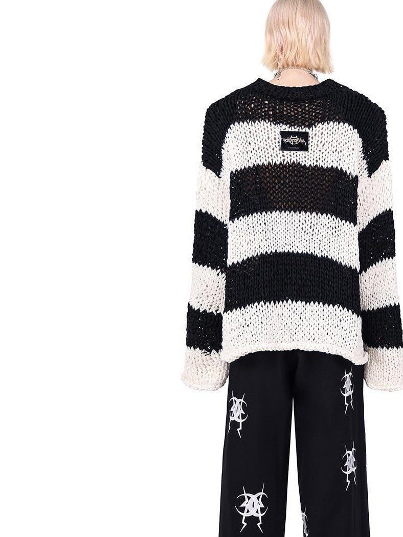 PINKSPINK Black White Striped Detachable Shoulder Pads Women's Acrylic Pullover Sweaters
