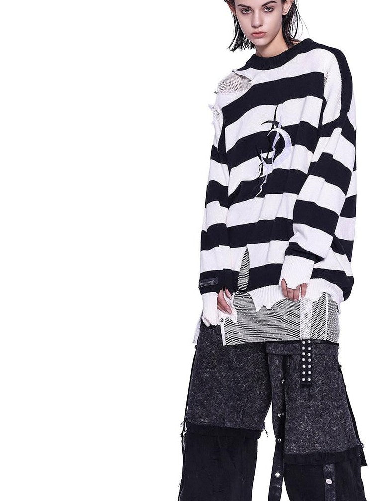 PINKSPINK Black White Striped Misaligned Embroidery Distressed Women's Knitted Sweaters