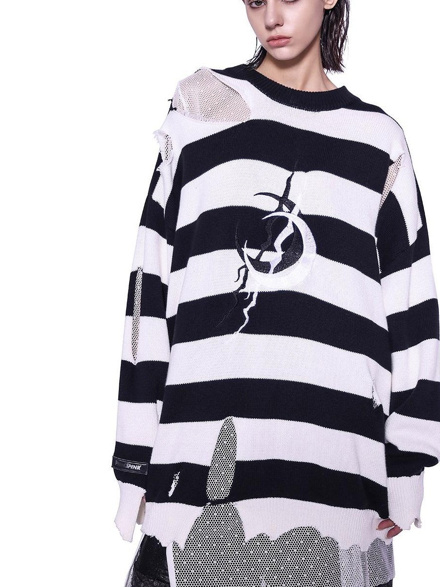 PINKSPINK Black White Striped Misaligned Embroidery Distressed Women's Knitted Sweaters