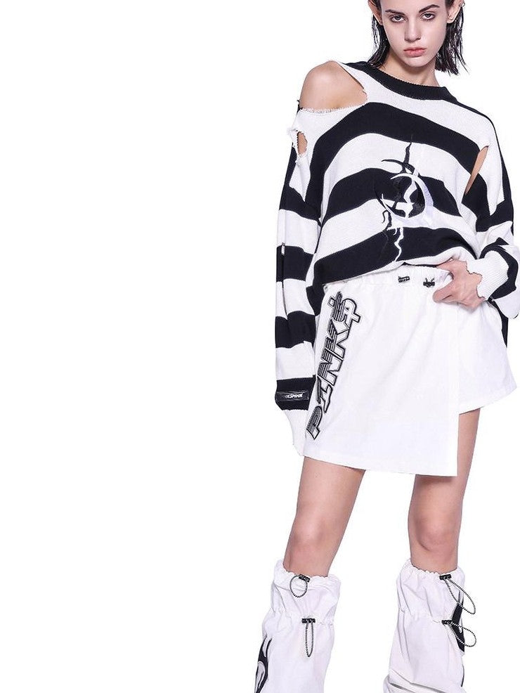 PINKSPINK Black White Striped Misaligned Embroidery Distressed Women's Knitted Sweaters