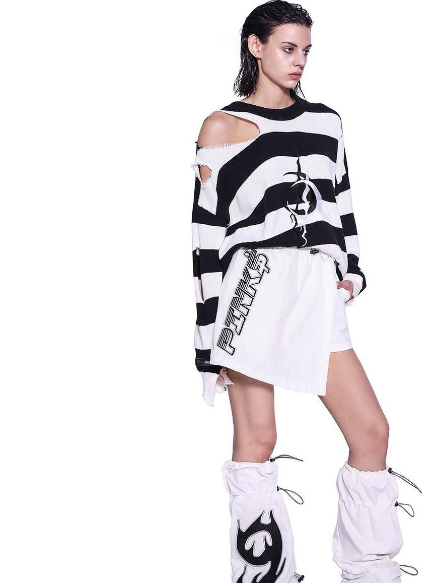 PINKSPINK Black White Striped Misaligned Embroidery Distressed Women's Knitted Sweaters