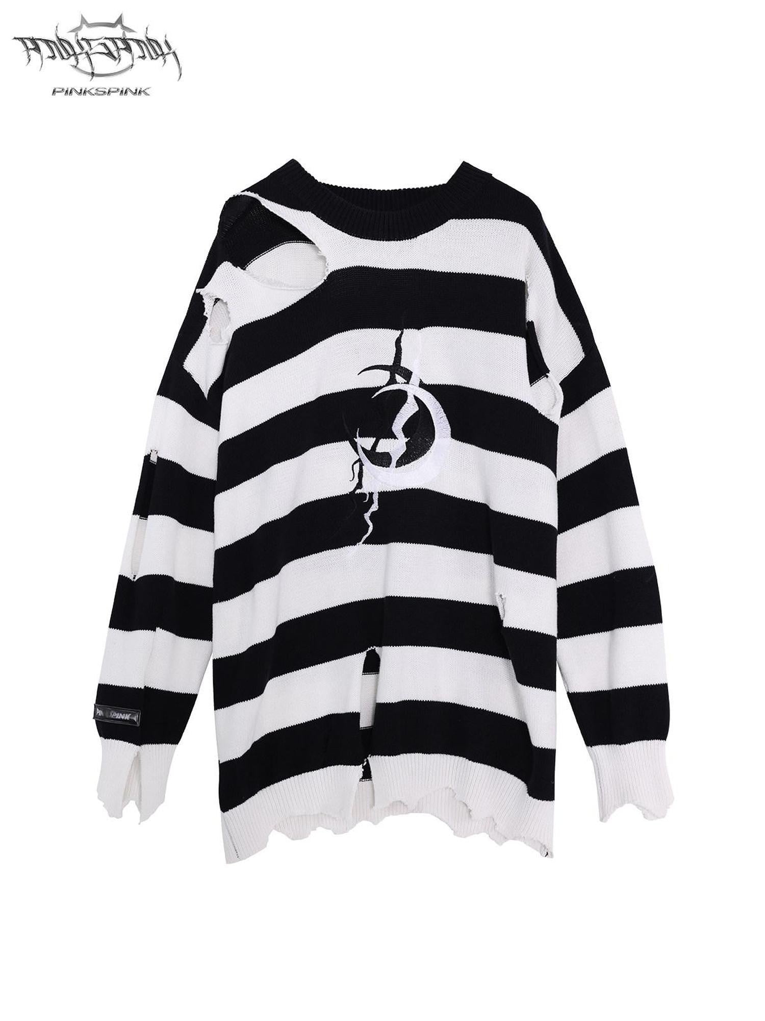 PINKSPINK Black White Striped Misaligned Embroidery Distressed Women's Knitted Sweaters