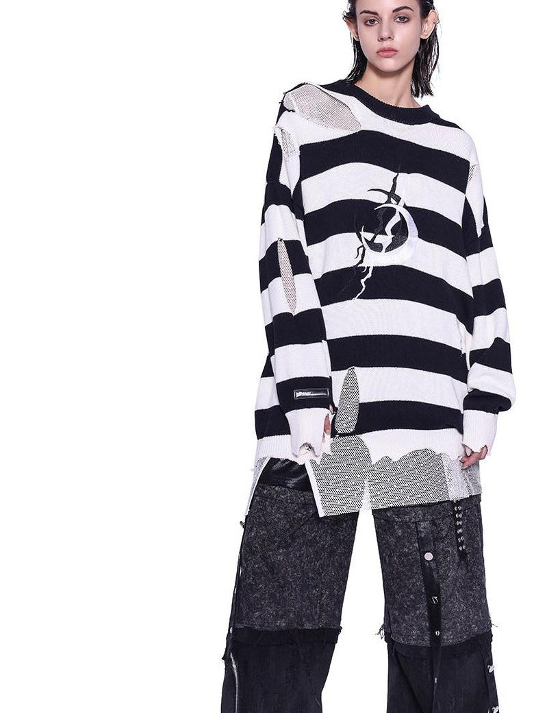 PINKSPINK Black White Striped Misaligned Embroidery Distressed Women's Knitted Sweaters