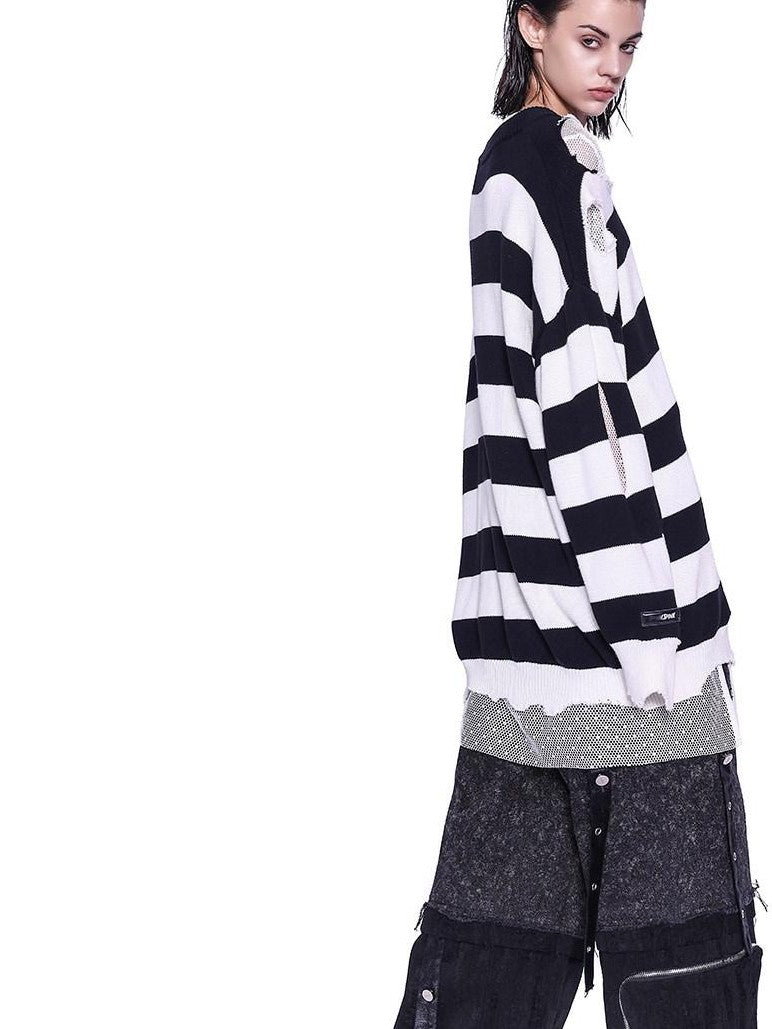PINKSPINK Black White Striped Misaligned Embroidery Distressed Women's Knitted Sweaters