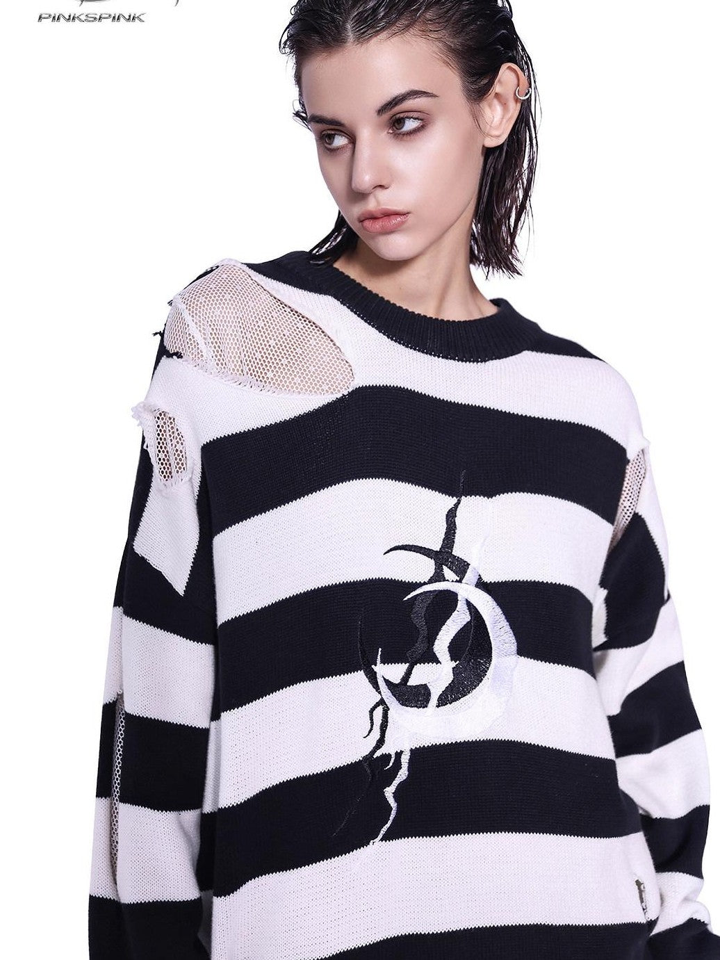 PINKSPINK Black White Striped Misaligned Embroidery Distressed Women's Knitted Sweaters