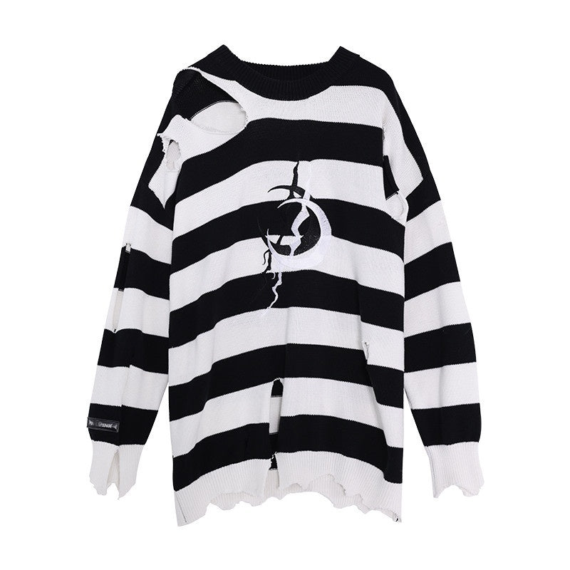 PINKSPINK_Black_White_Striped_Offset_Embroidery_Distressed_Women's_Knitted_Sweaters_823859083333_MISSTT