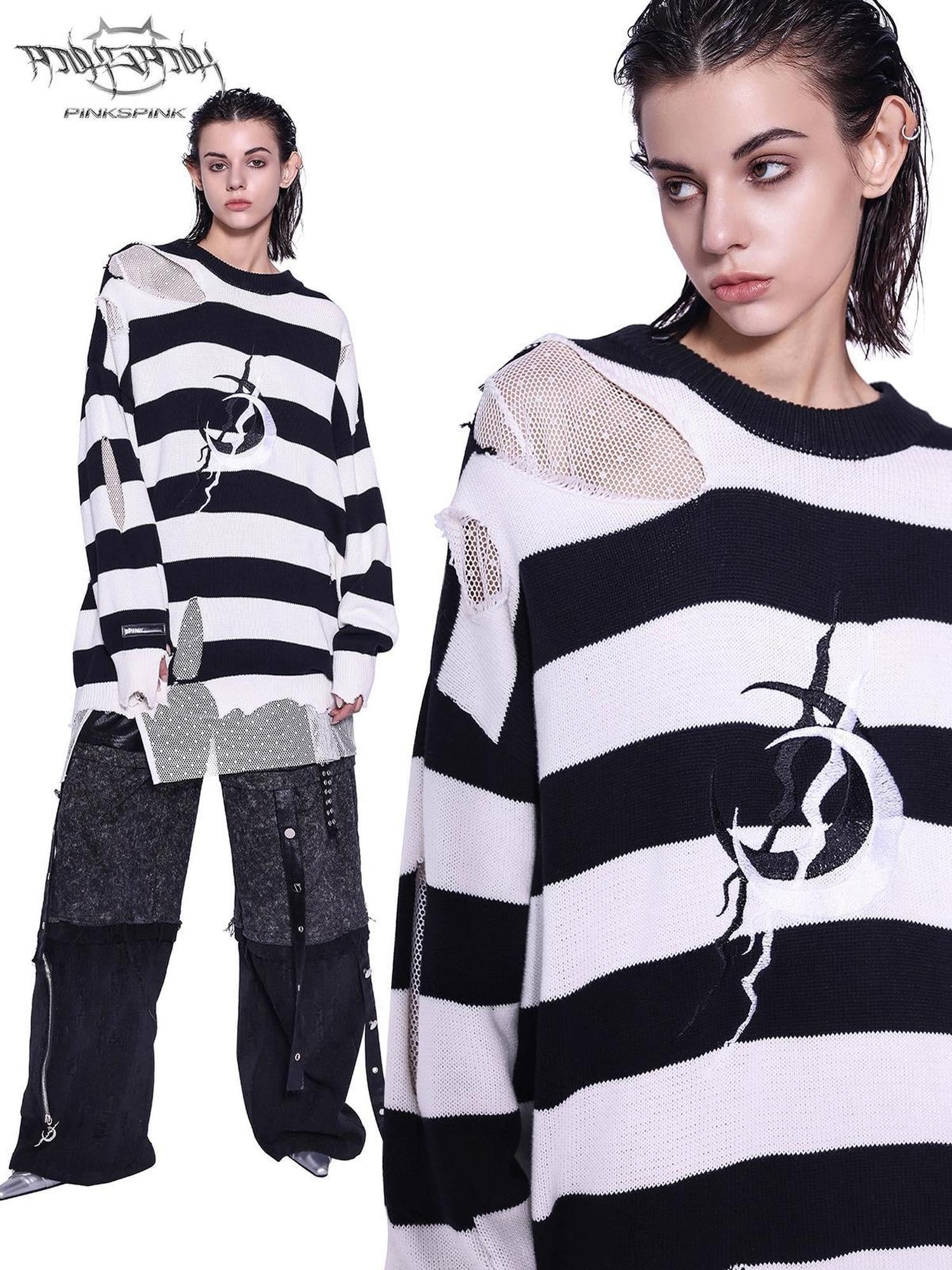 PINKSPINK Black White Striped Offset Embroidery Distressed Women's Knitted Sweaters