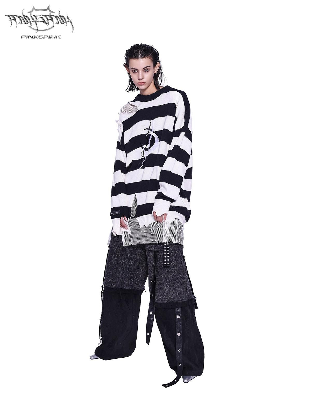PINKSPINK Black White Striped Offset Embroidery Distressed Women's Knitted Sweaters