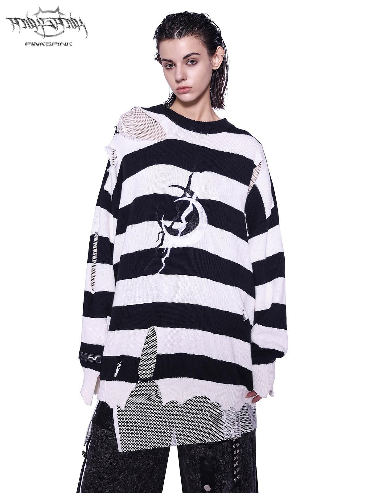 PINKSPINK Black White Striped Offset Embroidery Distressed Women's Knitted Sweaters