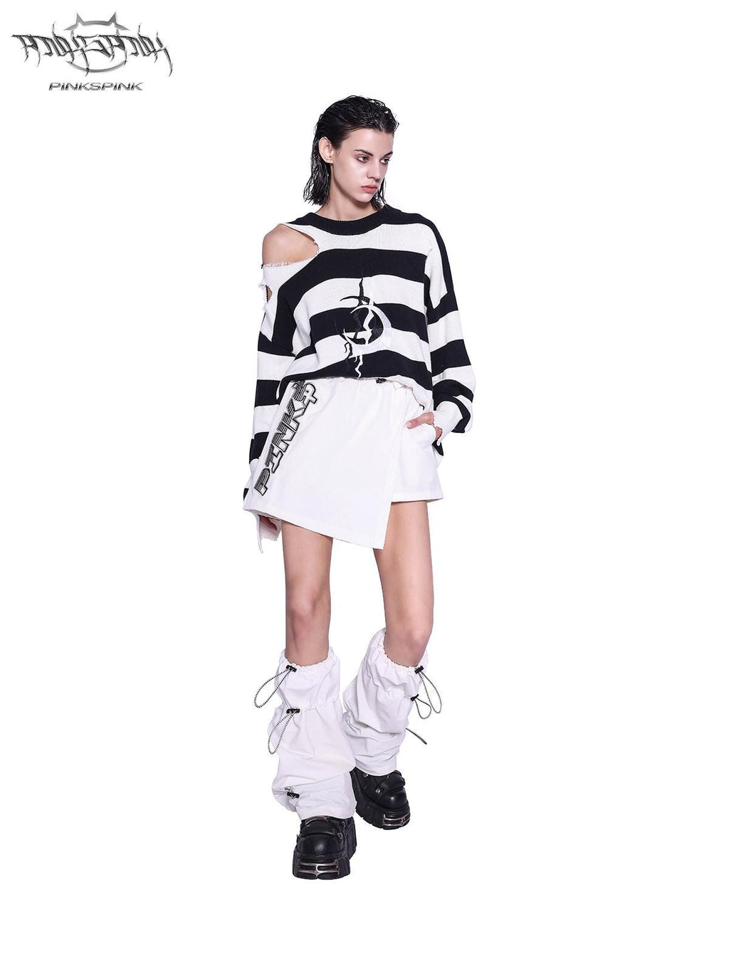 PINKSPINK Black White Striped Offset Embroidery Distressed Women's Knitted Sweaters