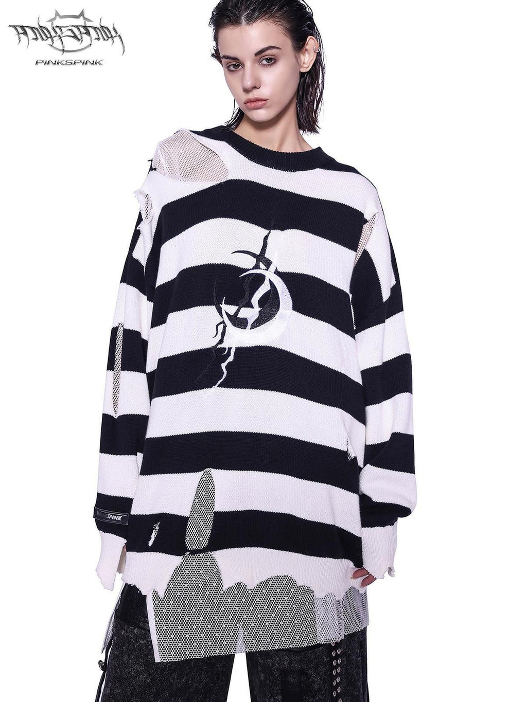 PINKSPINK Black White Striped Offset Embroidery Distressed Women's Knitted Sweaters
