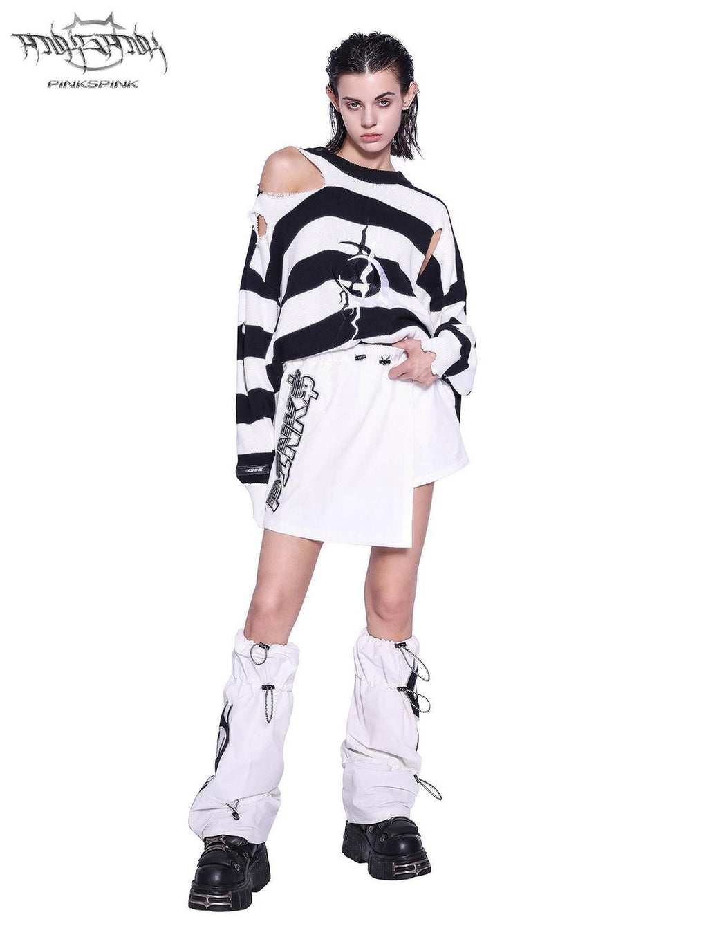 PINKSPINK Black White Striped Offset Embroidery Distressed Women's Knitted Sweaters