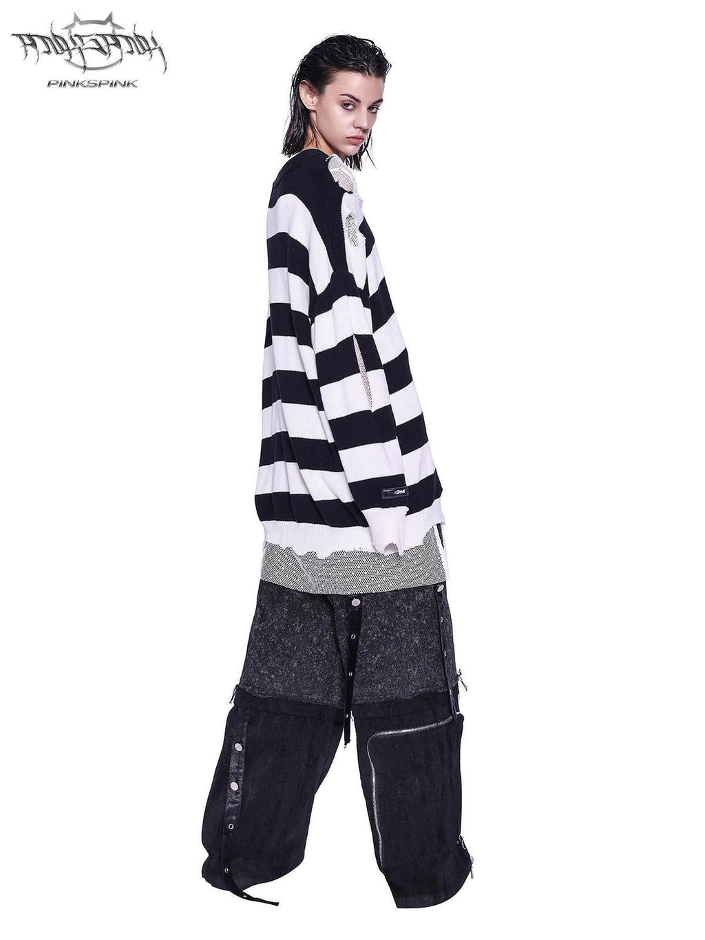 PINKSPINK Black White Striped Offset Embroidery Distressed Women's Knitted Sweaters