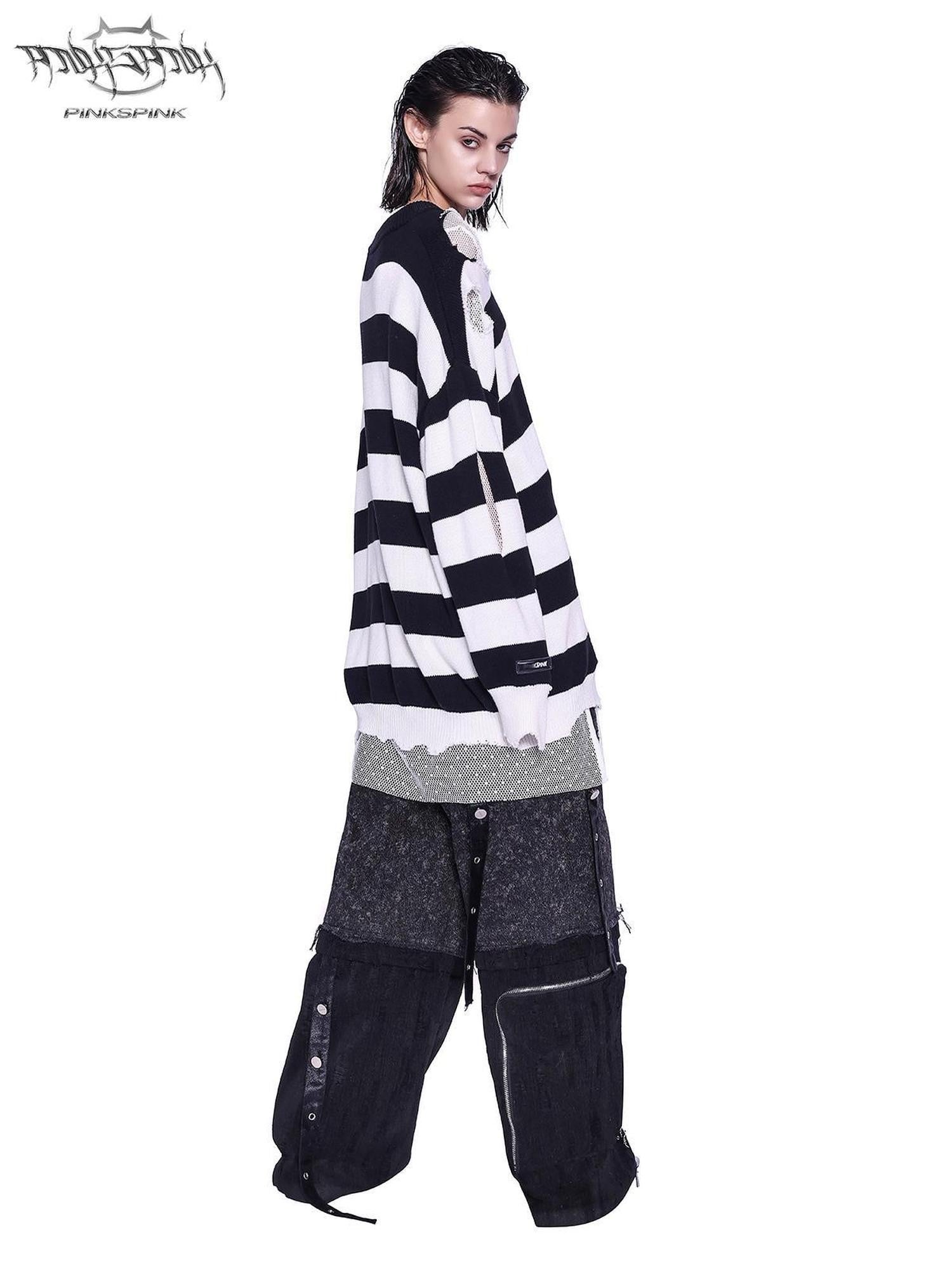 PINKSPINK Black White Striped Offset Embroidery Distressed Women's Knitted Sweaters