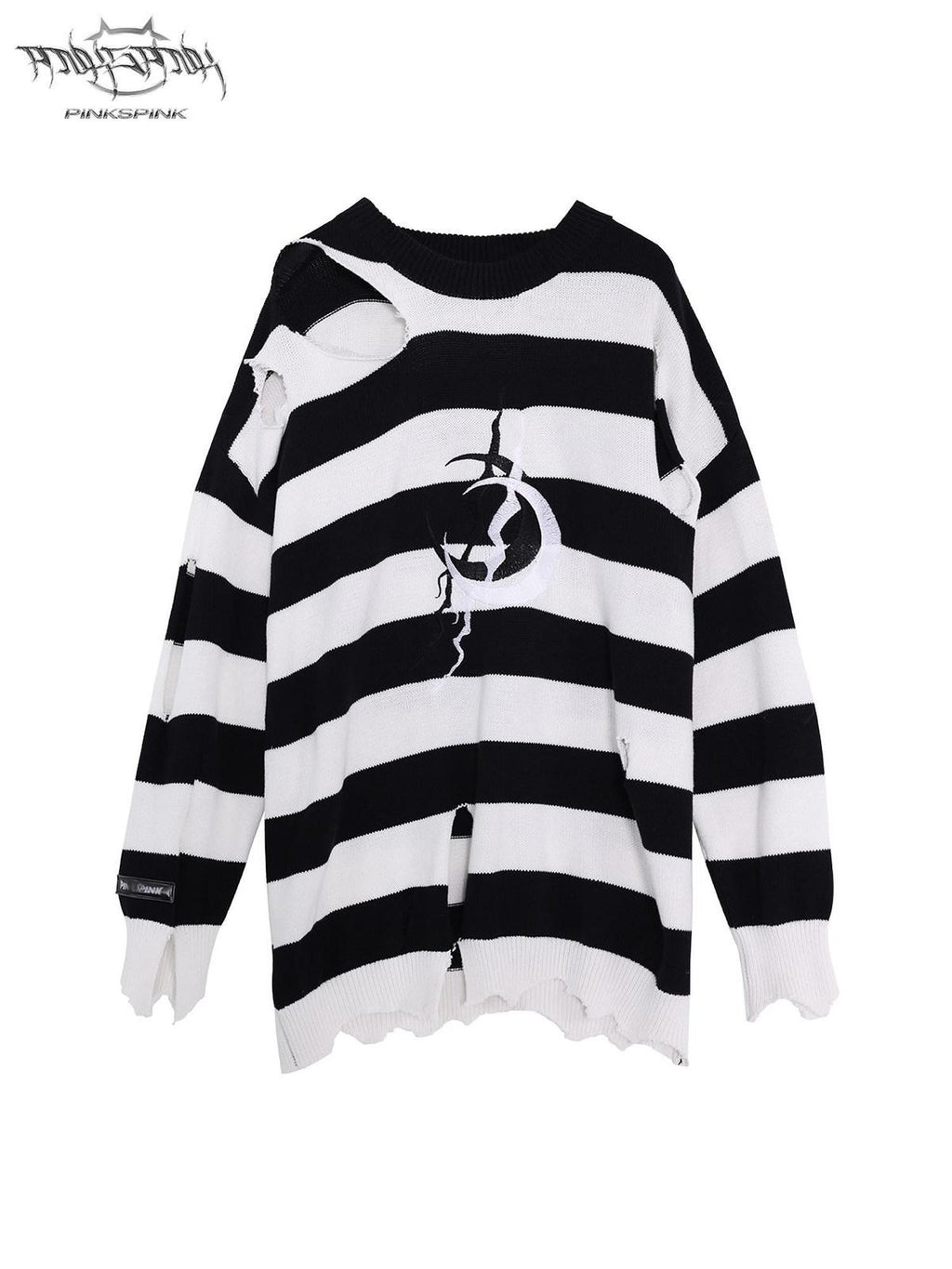 PINKSPINK Black White Striped Offset Embroidery Distressed Women's Knitted Sweaters