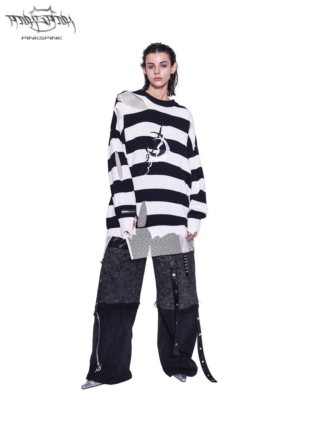 PINKSPINK Black White Striped Offset Embroidery Distressed Women's Knitted Sweaters