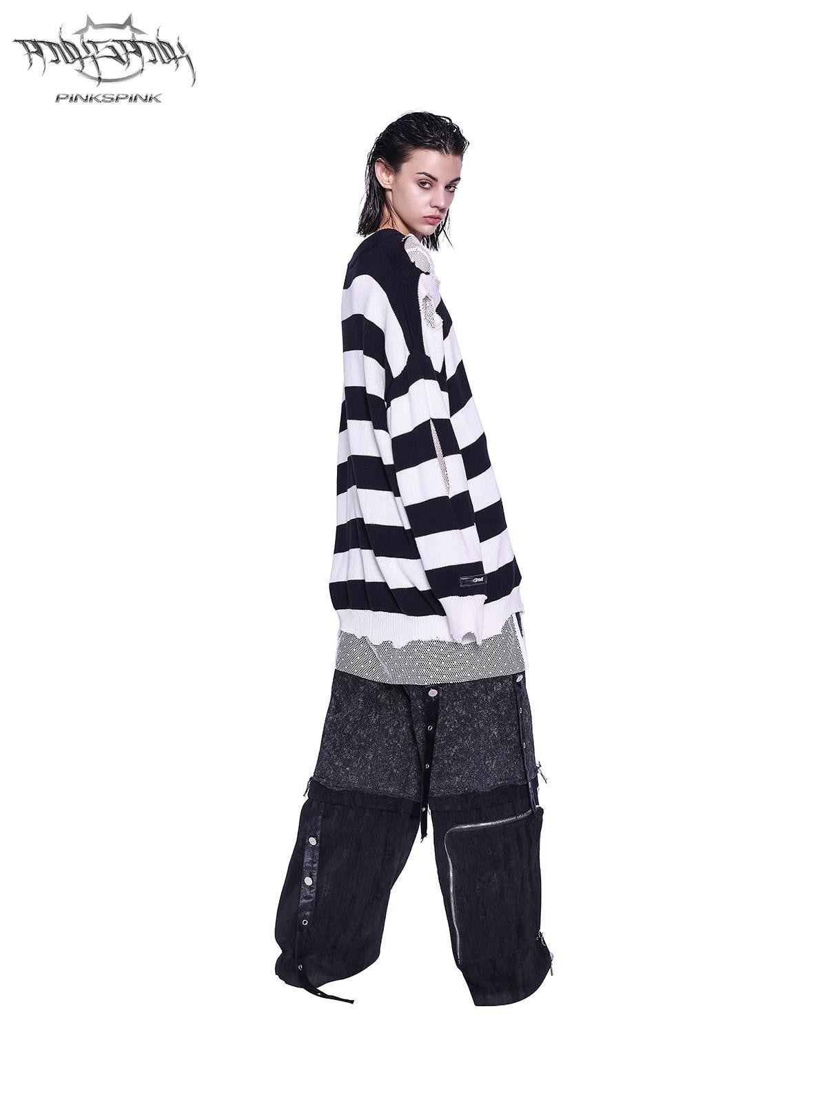 PINKSPINK Black White Striped Offset Embroidery Distressed Women's Knitted Sweaters
